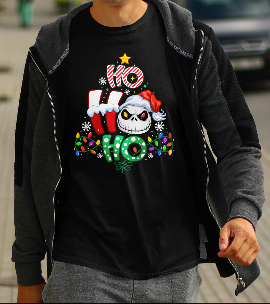 Jack Ho Ho Ho Skull Santa Hat Christmas Lights T-Shirt