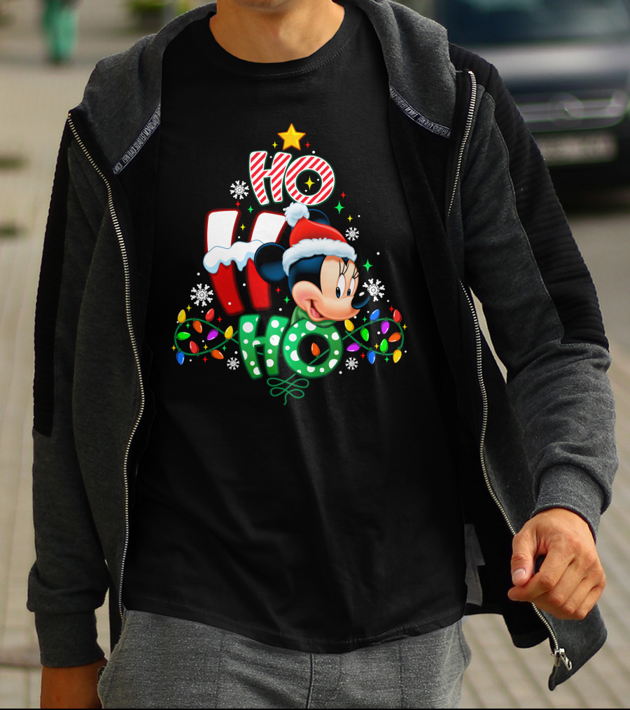 Minnie Mouse Ho Ho Ho Christmas Holiday Lights Snowflakes Santa Hat T-Shirt