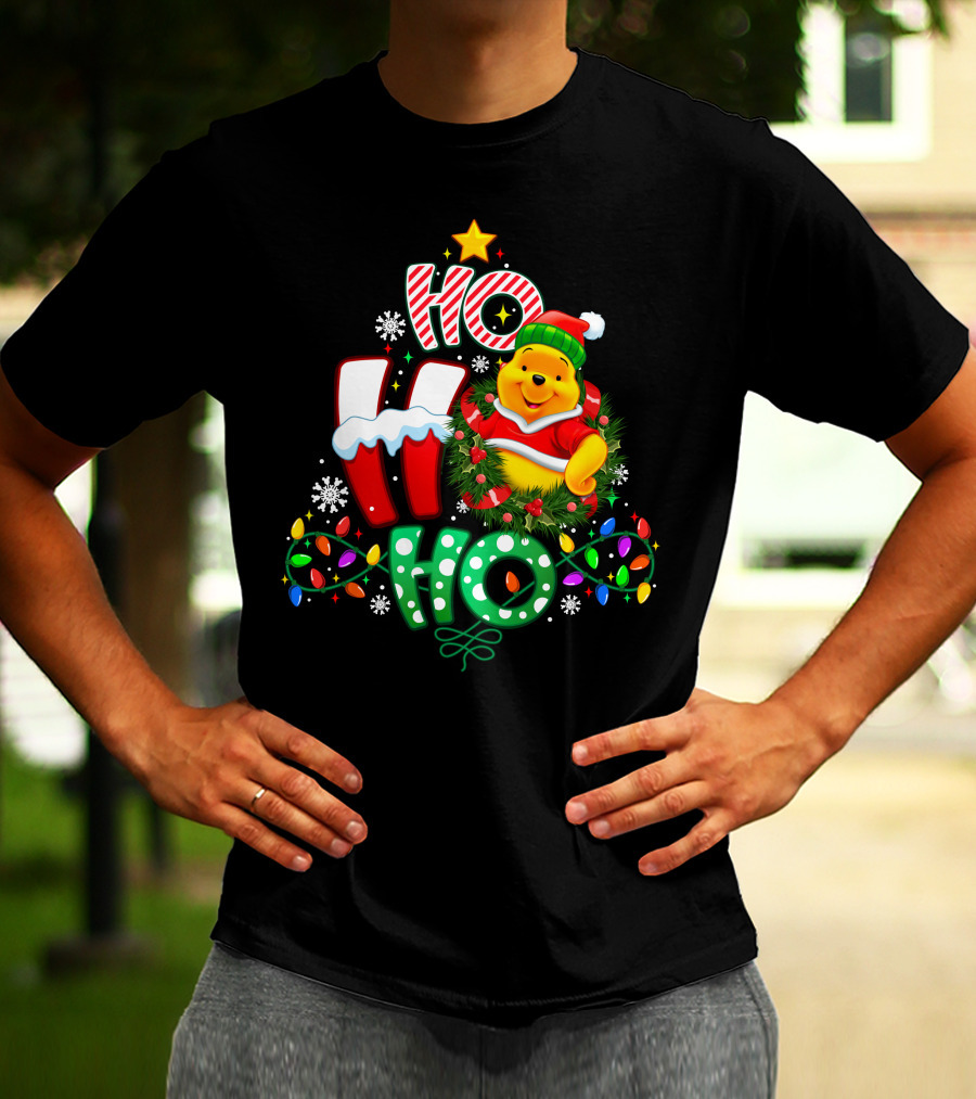 Ho Ho Ho Pooh Christmas Lights Snowflakes Wreath Santa Hat T-Shirt