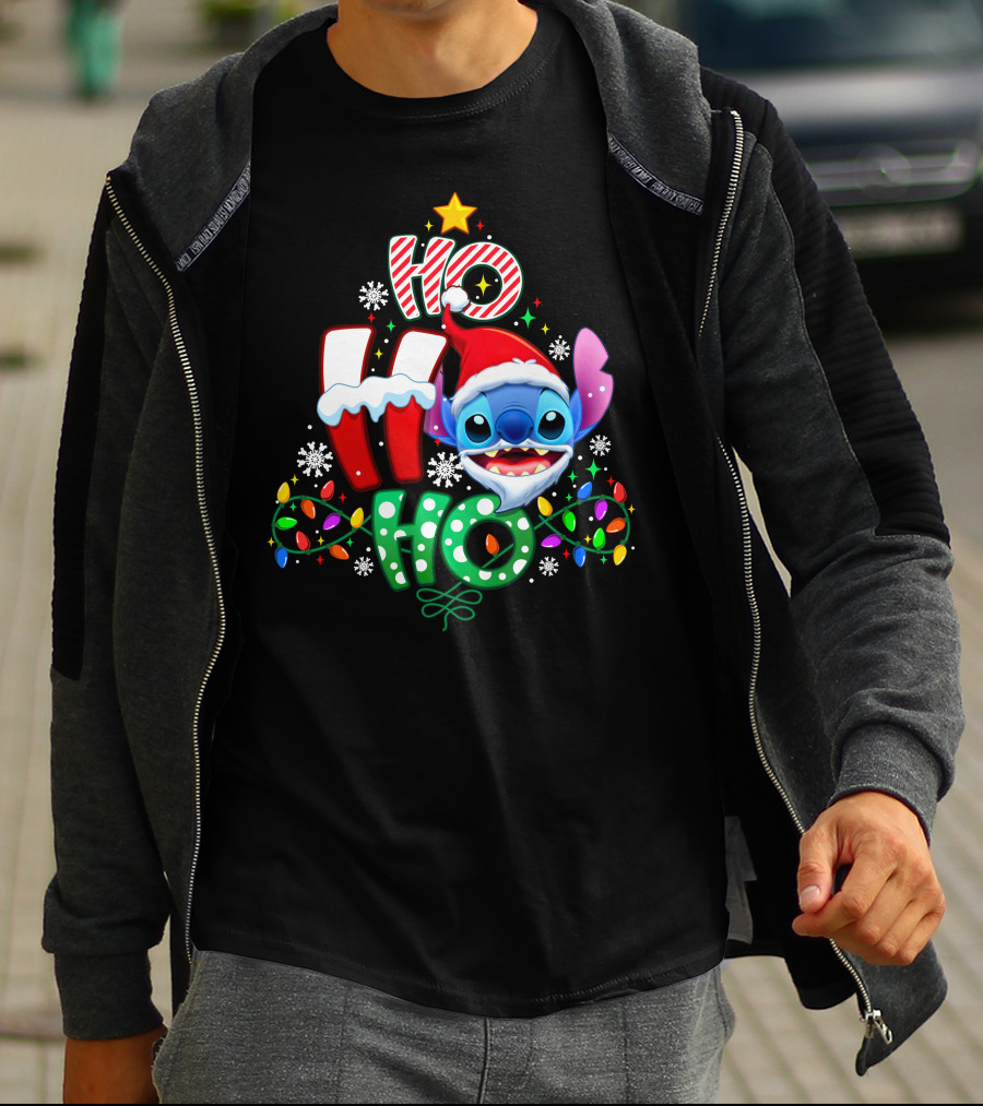 Stitch Ho Ho Ho Christmas Santa Hat Lights Snowflakes T-Shirt