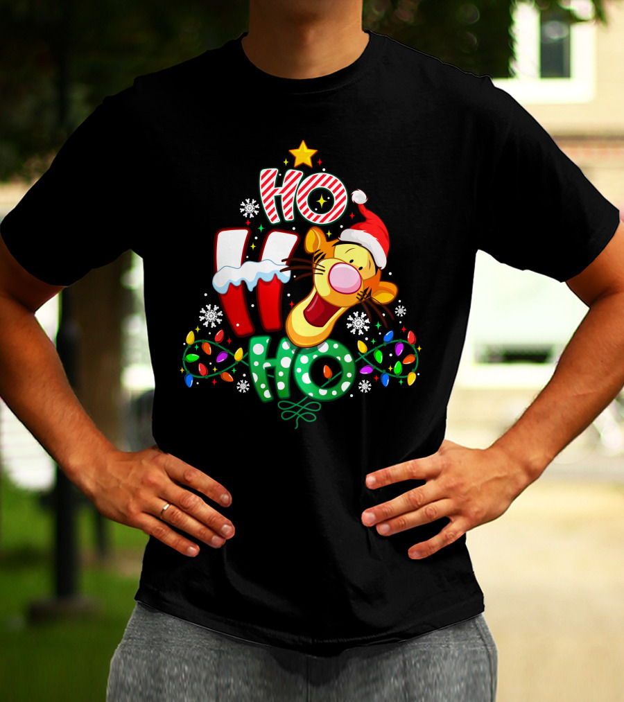 Tigger Christmas Ho Ho Ho With Lights And Santa Hat T-Shirt
