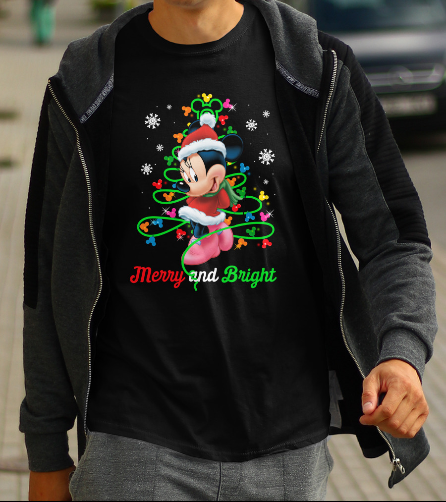 Merry And Bright Minnie Christmas Mickey Ears Holiday Snowflakes T-Shirt