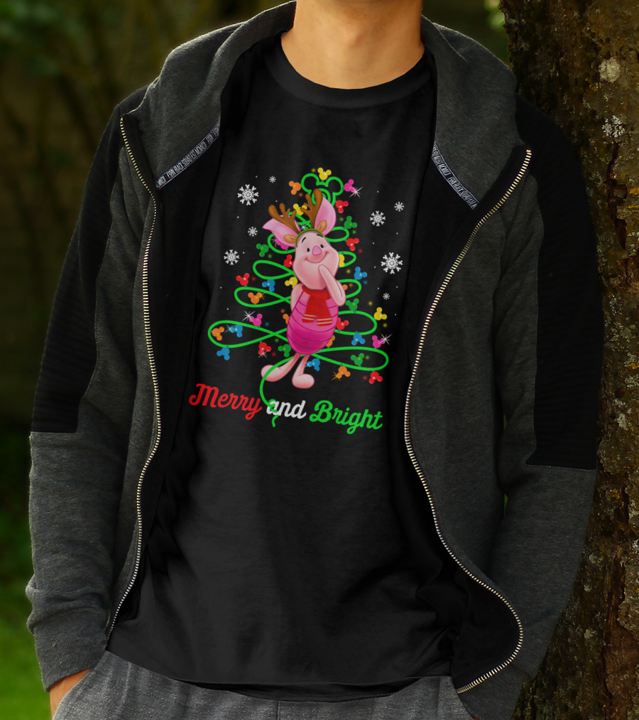 Merry And Bright Piglet Reindeer Christmas Tree Snowflakes T-Shirt
