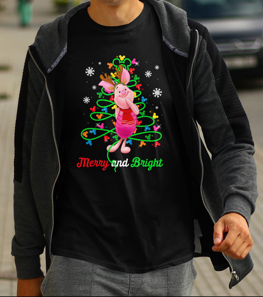 Merry And Bright Piglet Reindeer Christmas Tree Snowflakes T-Shirt