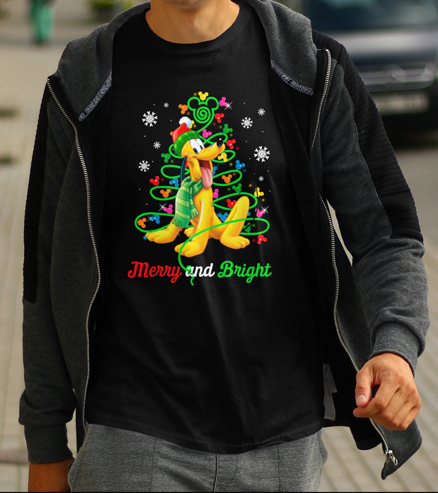 Pluto Merry And Bright Holiday Lights Mickey Snowflakes T-Shirt