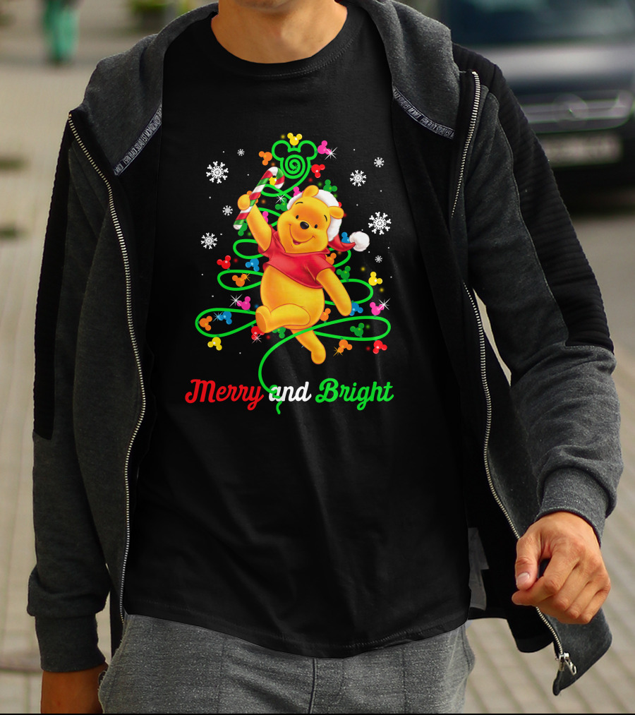 Merry And Bright Pooh Christmas Tree With Candy Cane And Mickey Mouse Ears T-Shirt