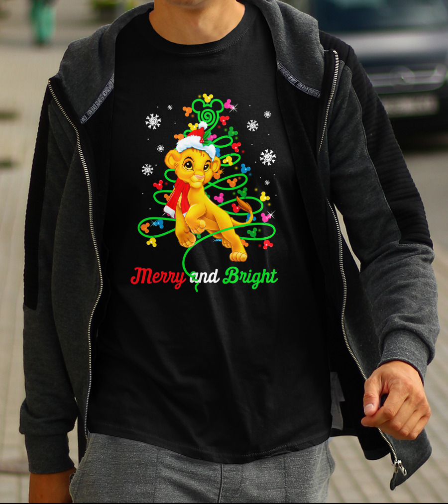 Merry And Bright Simba Christmas Snowflakes Santa Hat T-Shirt