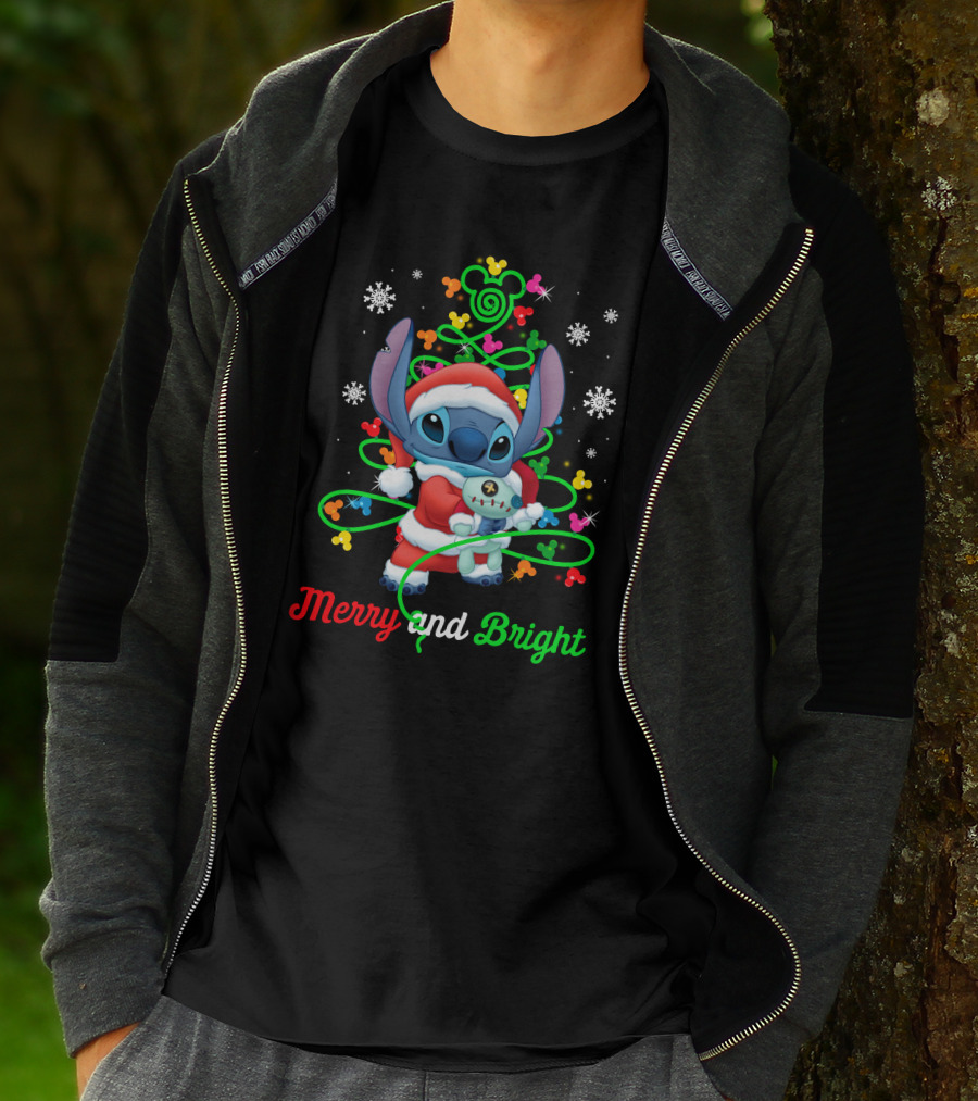 Merry And Bright Stitch Christmas Mickey Tree T-Shirt
