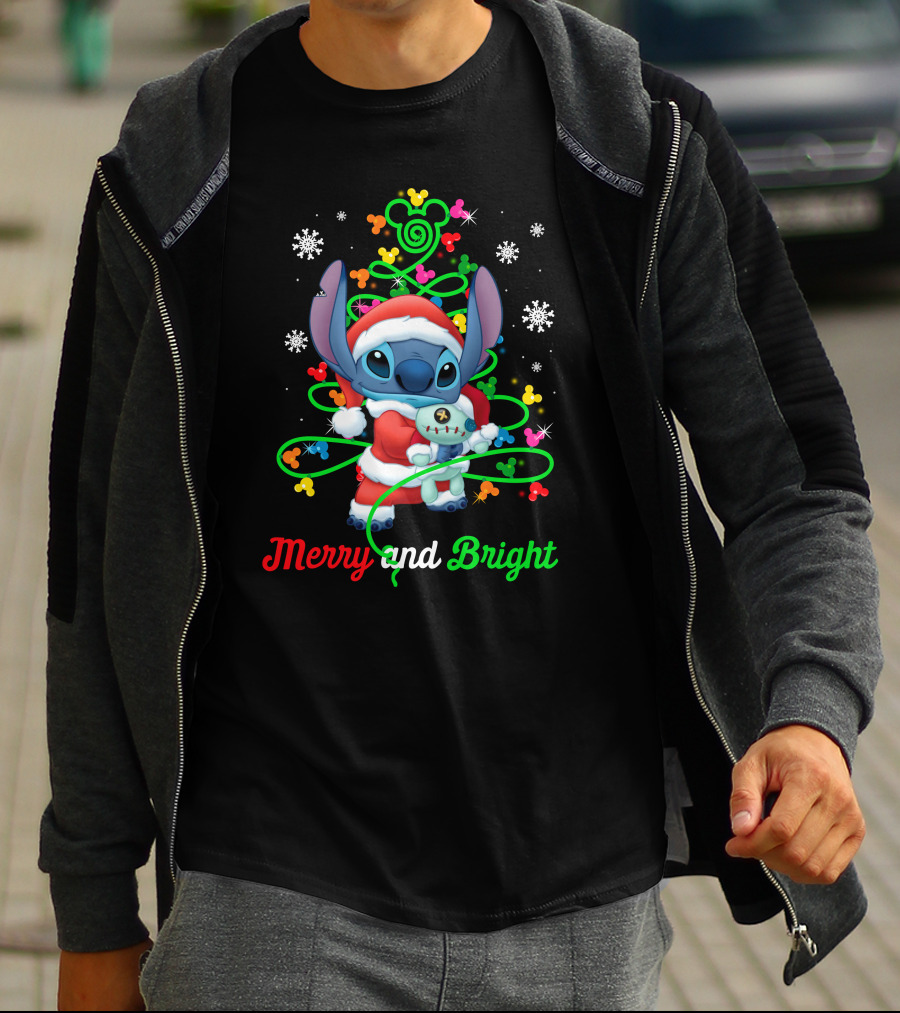 Merry And Bright Stitch Christmas Mickey Tree T-Shirt