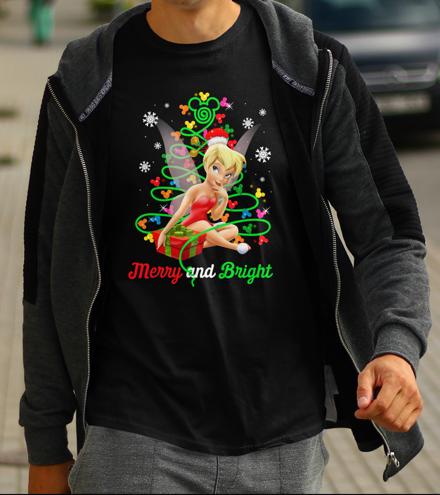 Merry And Bright Christmas Tinkerbell With Holiday Gift And Snowflakes T-Shirt