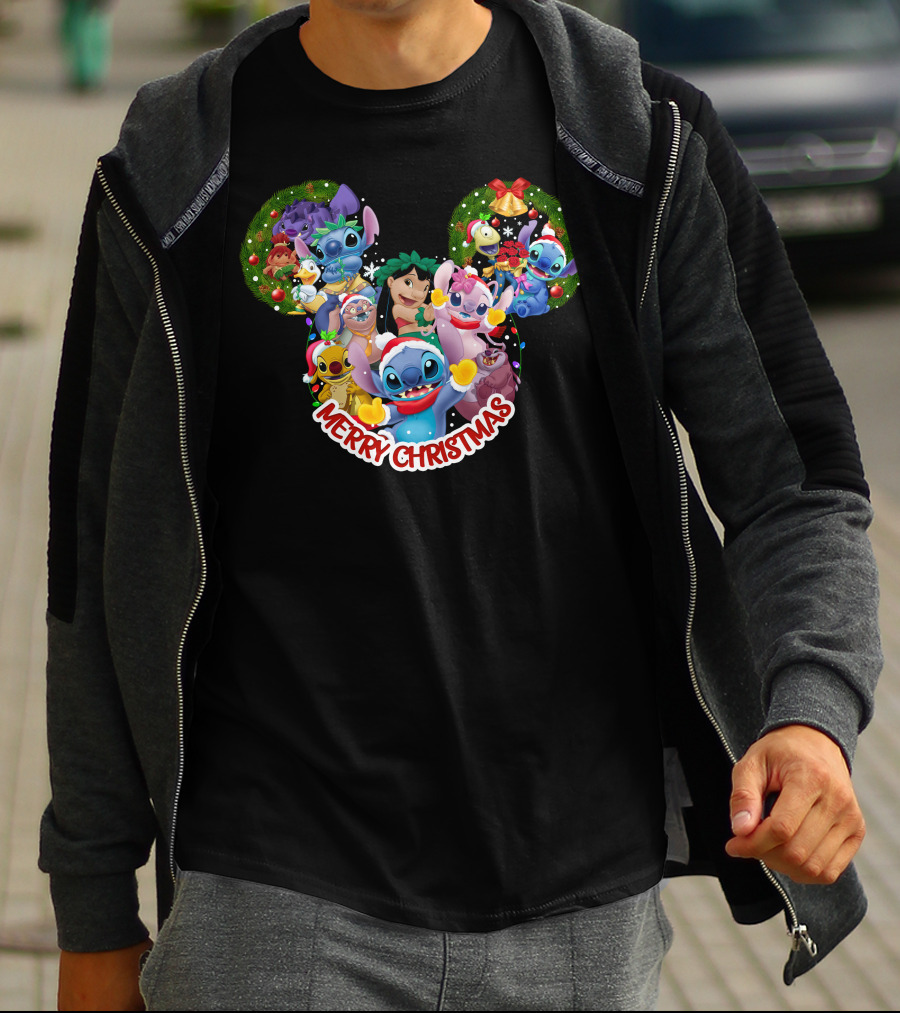 Merry Christmas Lilo And Stitch Disney Mickey Ears Wreath T-Shirt