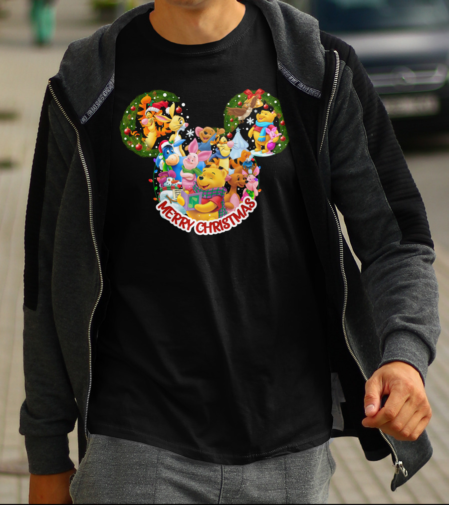 Merry Christmas Winnie The Pooh Disney Characters Mickey Ears T-Shirt