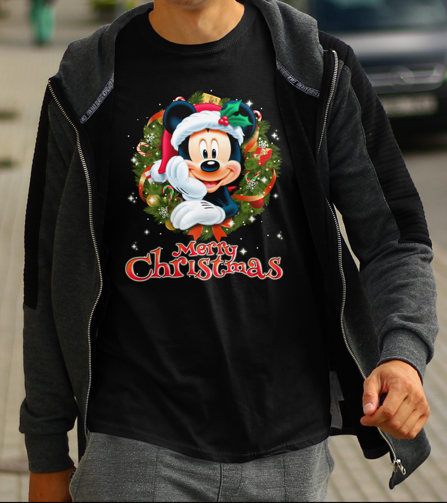 Mickey Merry Christmas Santa Hat With Holly Wreath T-Shirt