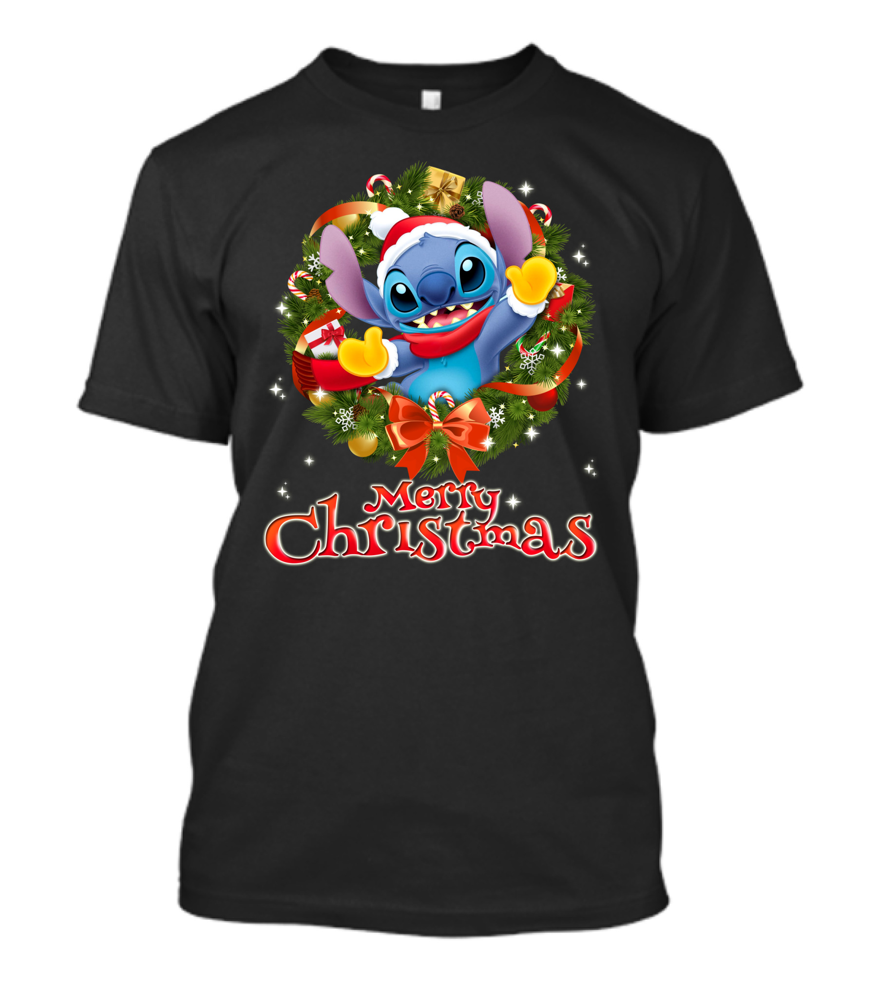 Merry Christmas Stitch Holiday Wreath Santa Hat Candy Cane T-Shirt