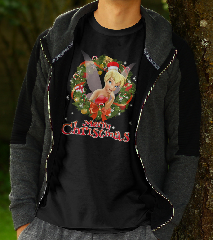 Merry Christmas Tinkerbell With Holiday Wreath T-Shirt