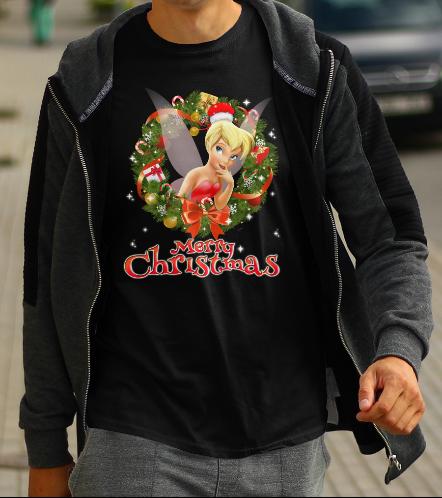 Merry Christmas Tinkerbell With Holiday Wreath T-Shirt