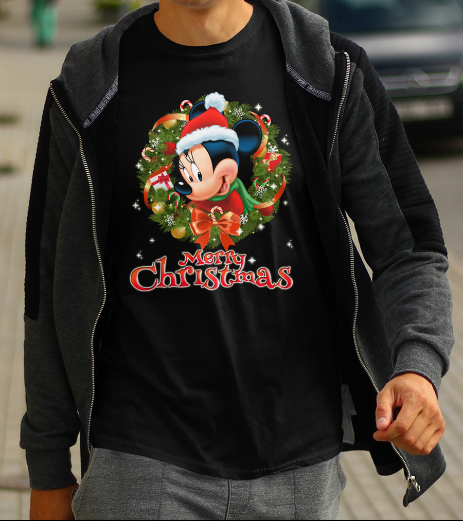 Merry Christmas Minnie Mouse Wreath With Santa Hat And Gifts T-Shirt