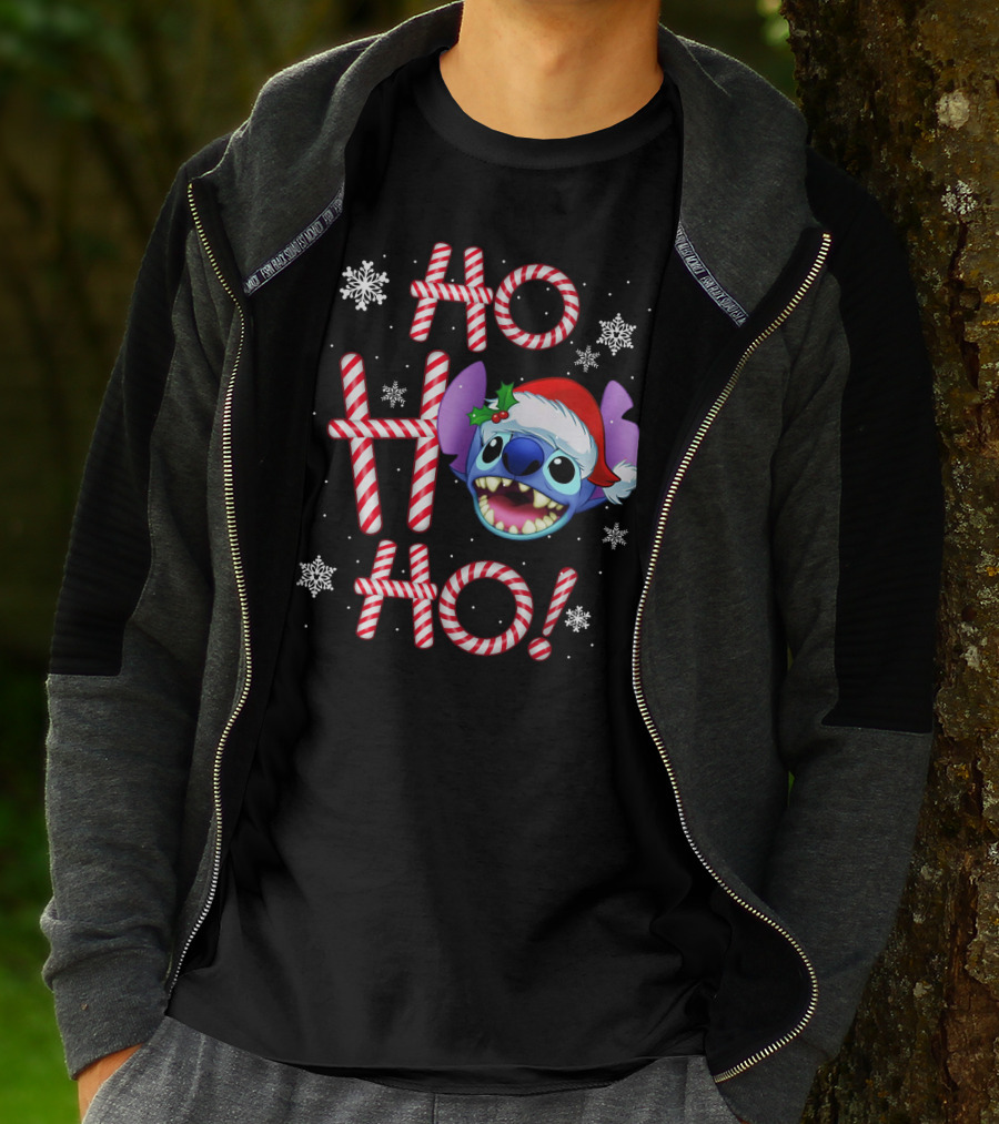 Ho Ho Ho Stitch Santa Hat Snowflakes Candy Cane T-Shirt