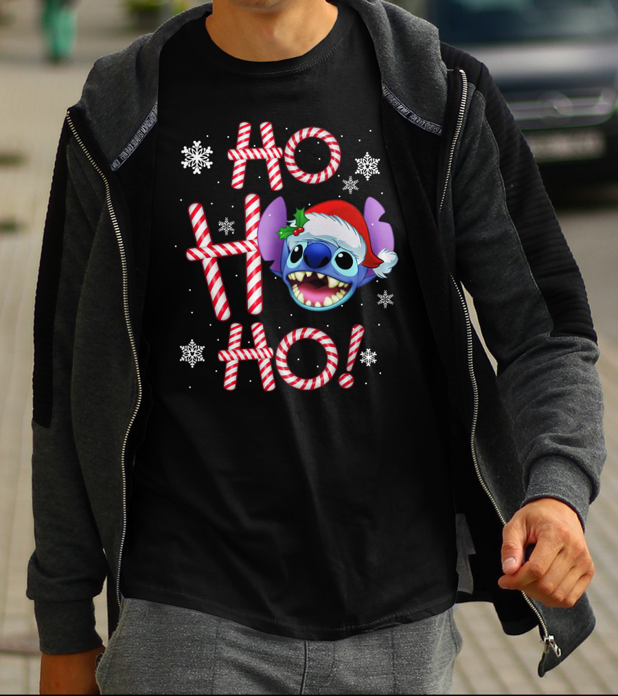 Ho Ho Ho Stitch Santa Hat Snowflakes Candy Cane T-Shirt
