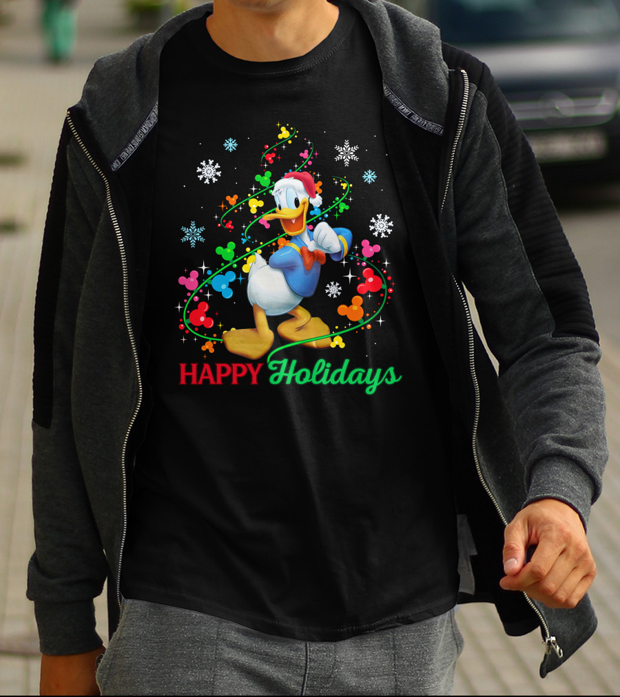 Happy Holidays Donald Duck Santa Hat Snowflake Icons And Mickey Heads T-Shirt