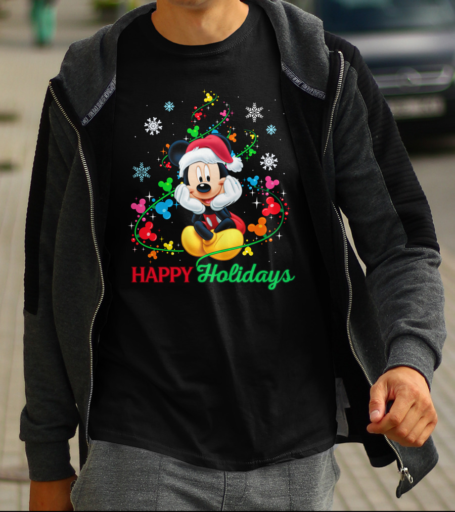 Mickey Happy Holidays Snowflakes Christmas Lights T-Shirt