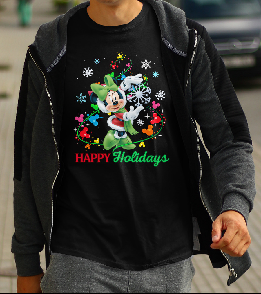 Happy Holidays Minnie Snowflakes And Colorful Mickey Icons T-Shirt