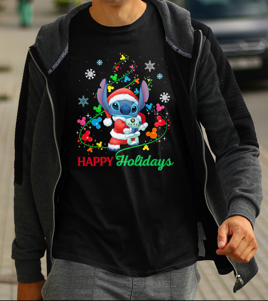 Happy Holidays Stitch Santa With Snowflakes And Mickey Mouse Ears T-Shirt