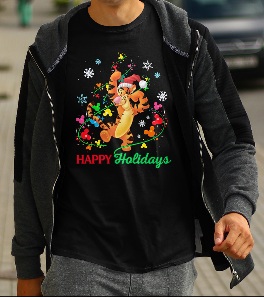 Tigger Happy Holidays Santa Hat Colorful Ornaments Mickey Mouse Ears Snowflakes T-Shirt