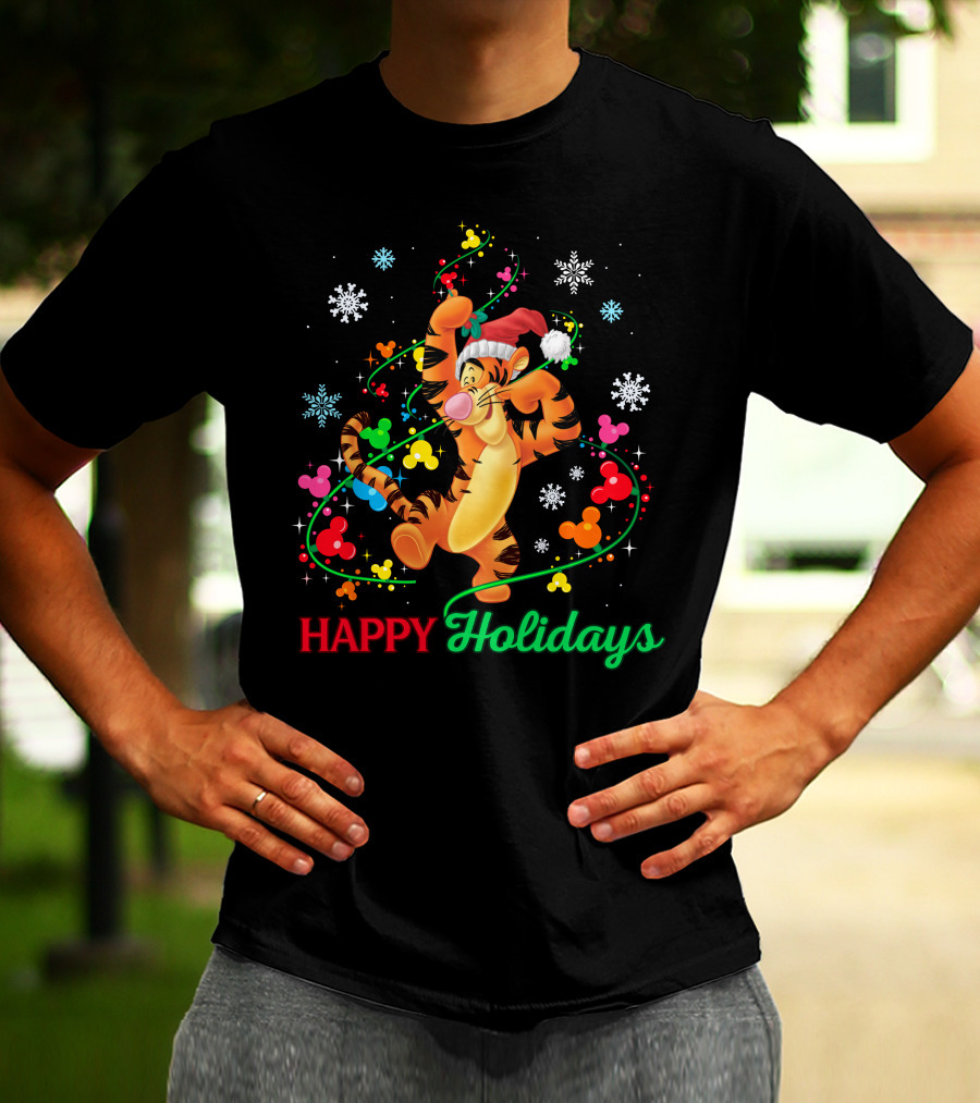 Tigger Happy Holidays Santa Hat Colorful Ornaments Mickey Mouse Ears Snowflakes T-Shirt