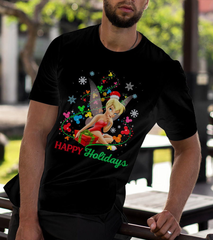 Happy Holidays Tinkerbell Santa Hat And Present T-Shirt