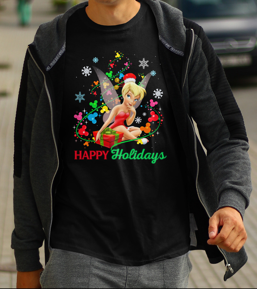 Happy Holidays Tinkerbell Santa Hat And Present T-Shirt
