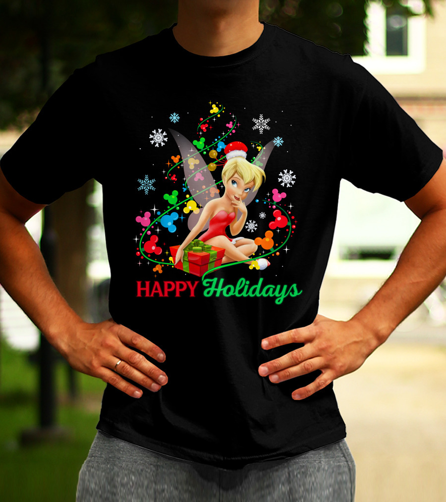 Happy Holidays Tinkerbell Santa Hat And Present T-Shirt