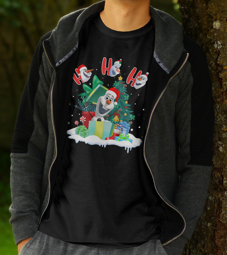 Olaf Christmas Santa Hat Presents Snowman Festive Holiday Tree Ho Ho Ho T-Shirt