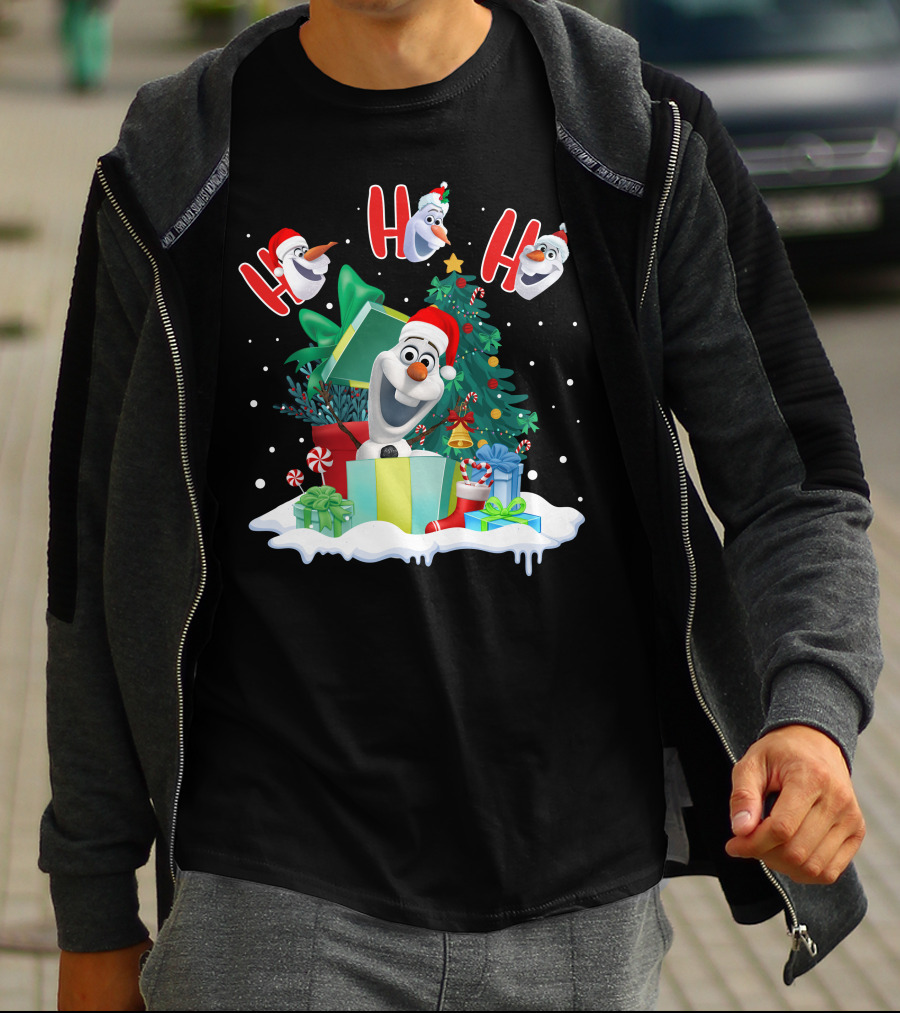 Olaf Christmas Santa Hat Presents Snowman Festive Holiday Tree Ho Ho Ho T-Shirt