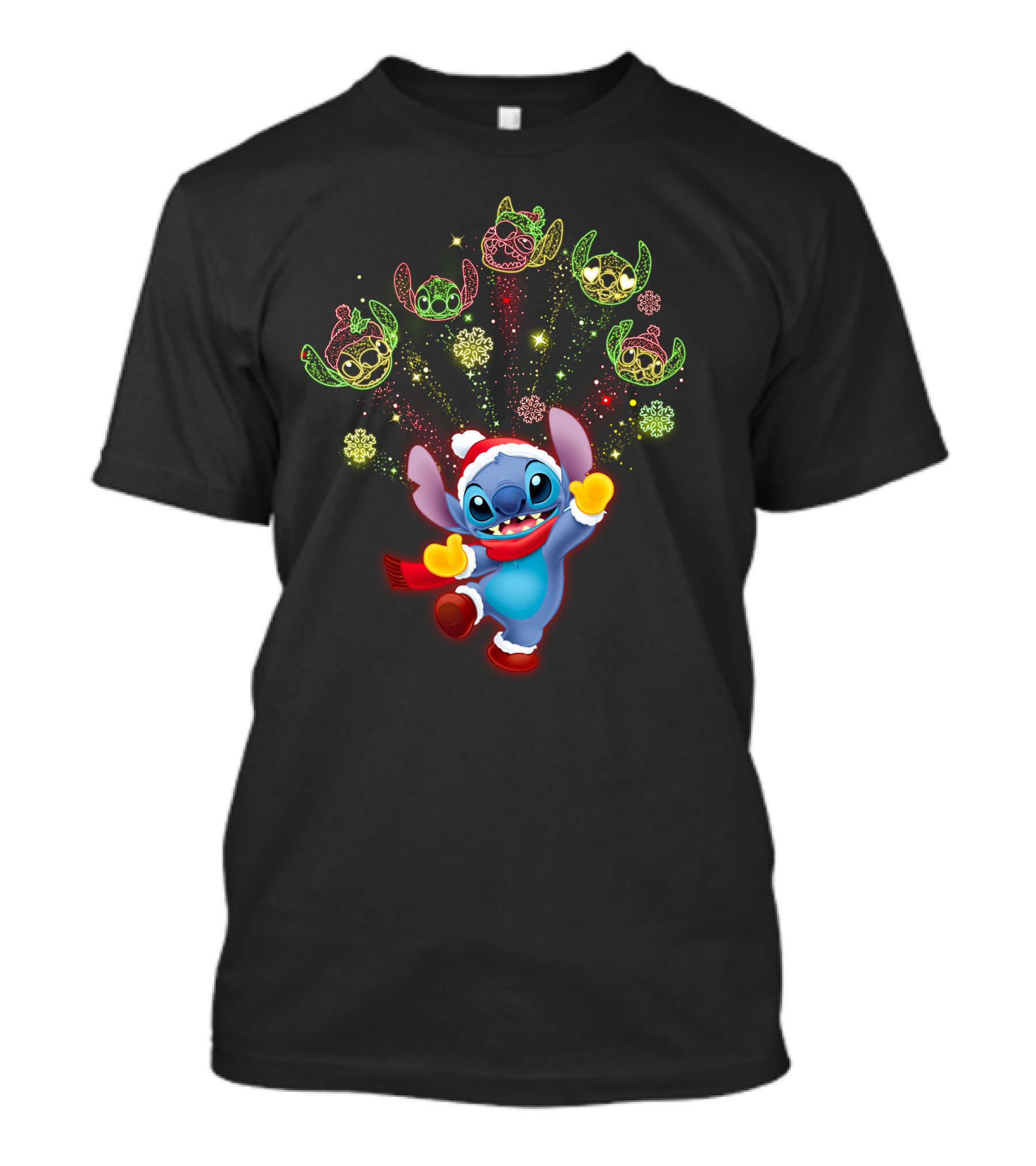 Stitch Holiday Festive Celebration With Santa Hat And Colorful Lights T-Shirt