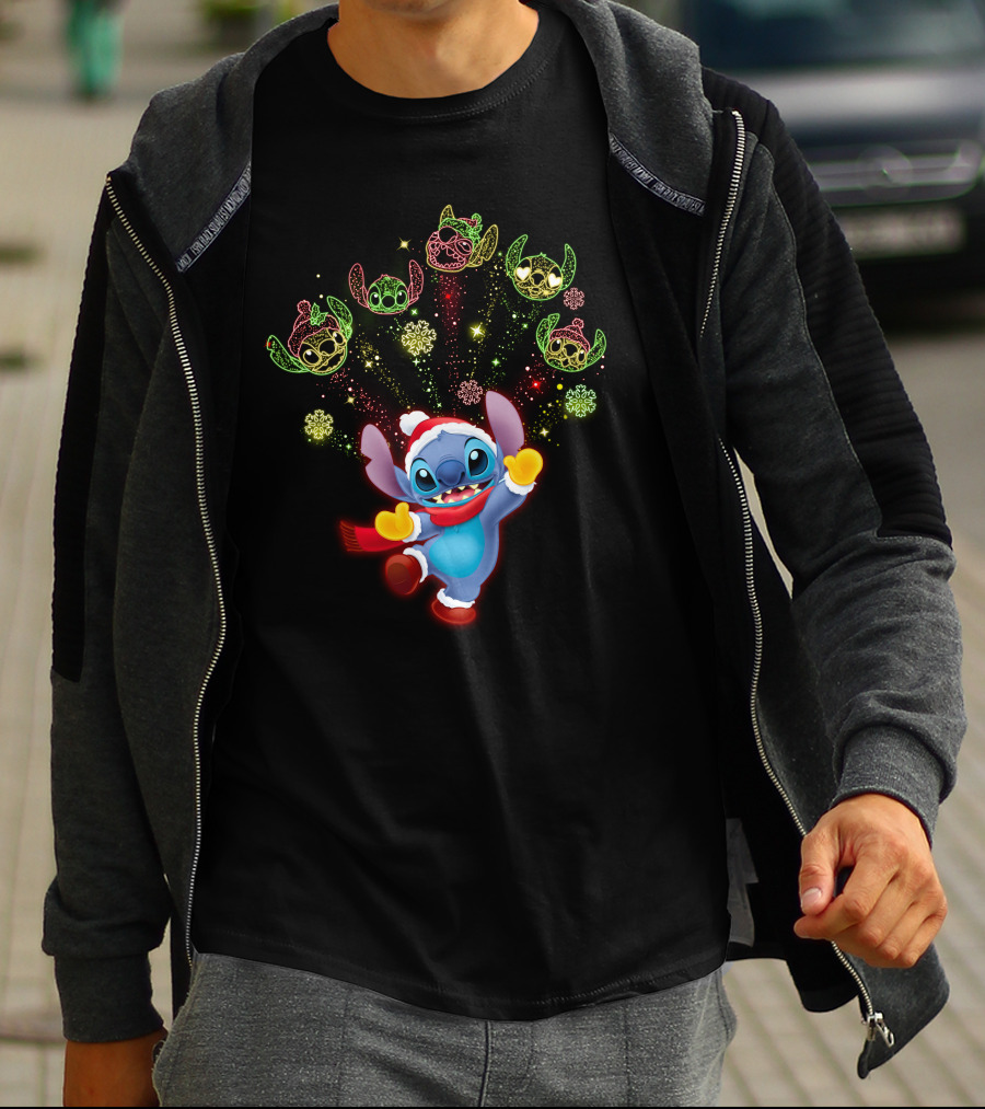 Stitch Holiday Festive Celebration With Santa Hat And Colorful Lights T-Shirt
