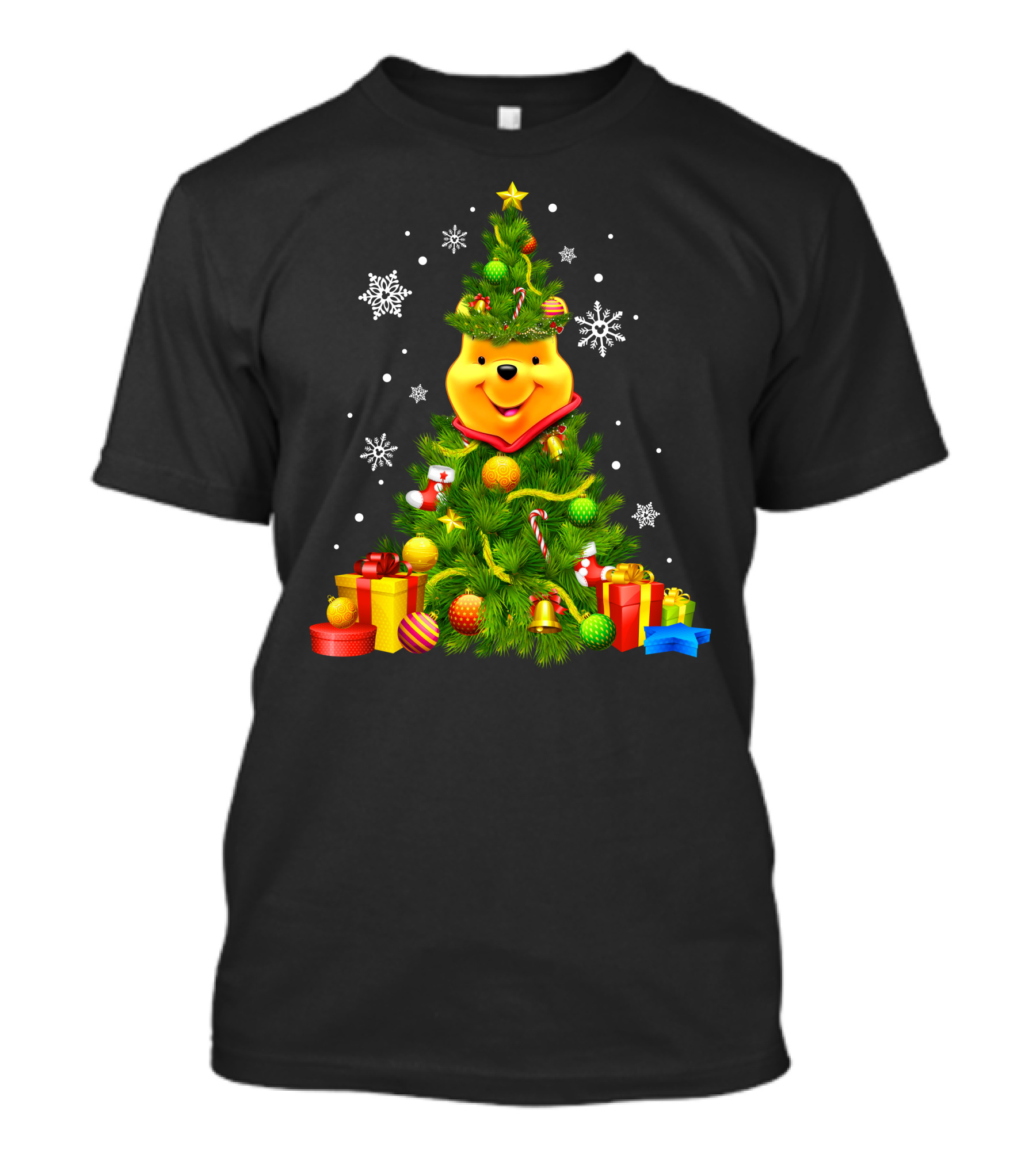 Pooh Christmas Tree With Snowflakes And Gifts T-Shirt