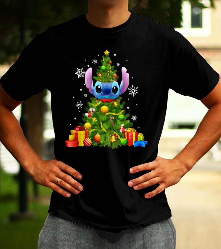 Stitch Christmas Tree With Gifts And Snowflakes T-Shirt
