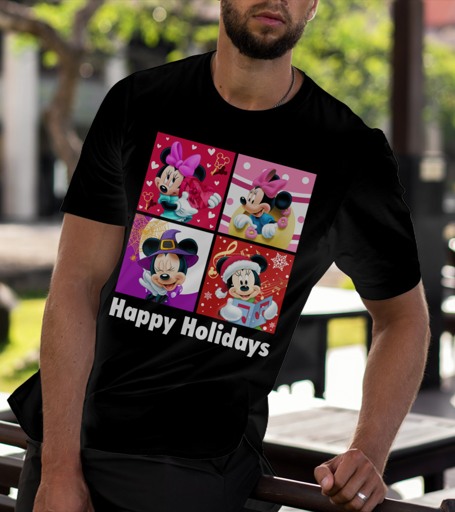 Minnie Happy Holidays With Hearts Bows Witch Hat Santa Hat And Gifts T-Shirt