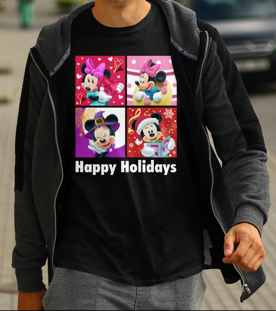 Minnie Happy Holidays With Hearts Bows Witch Hat Santa Hat And Gifts T-Shirt