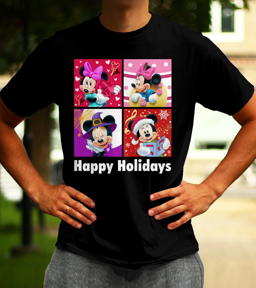 Minnie Happy Holidays With Hearts Bows Witch Hat Santa Hat And Gifts T-Shirt