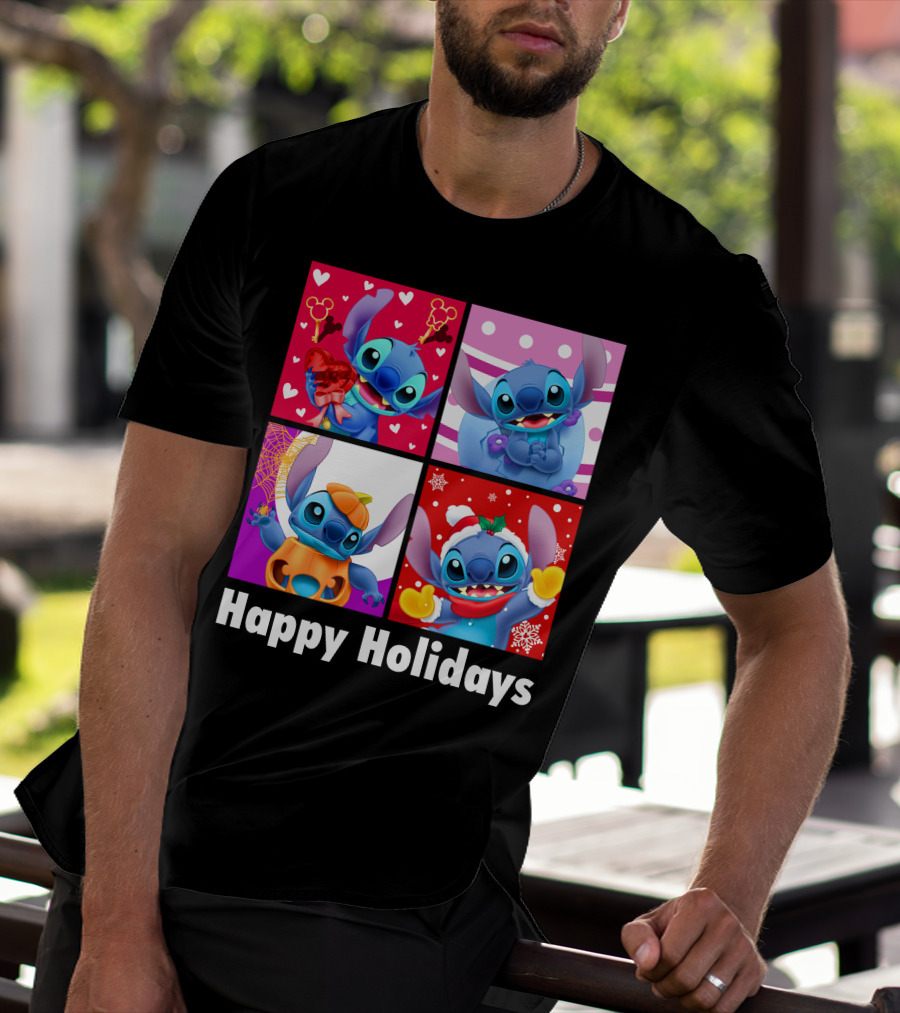 Happy Holidays Stitch Seasonal Mickey Hearts Christmas Pumpkin T-Shirt