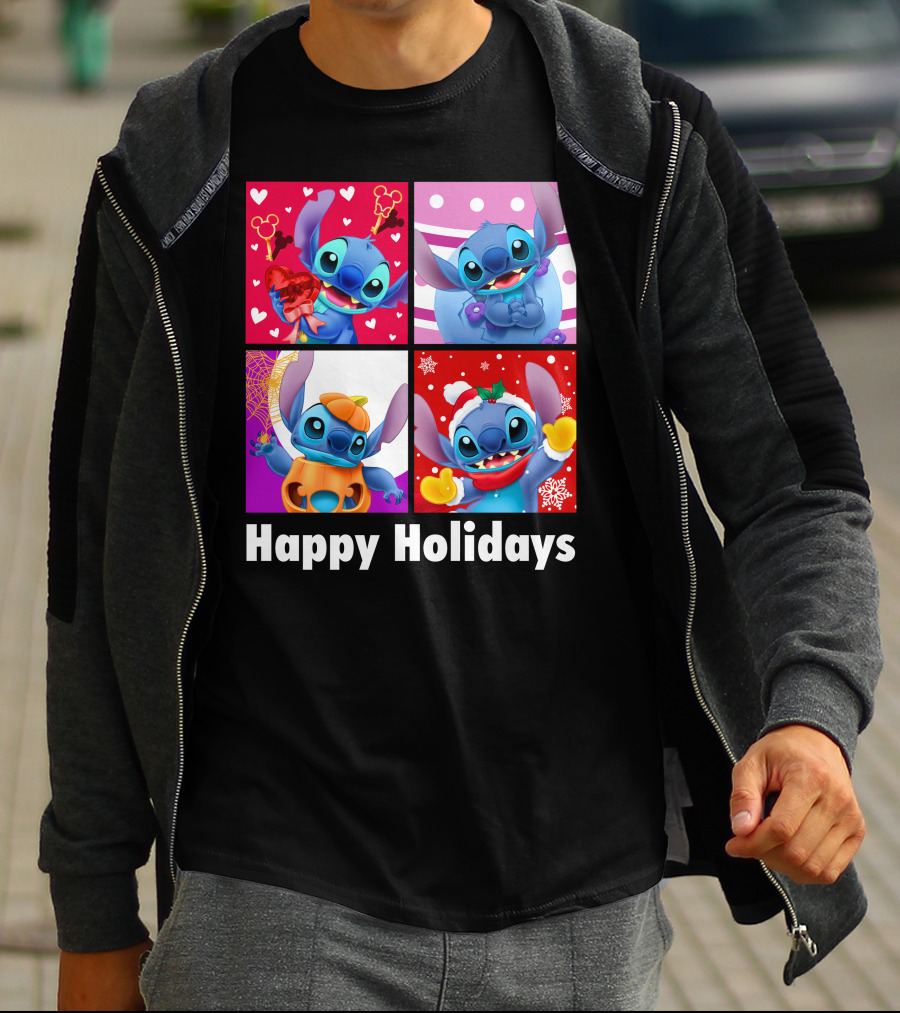Happy Holidays Stitch Seasonal Mickey Hearts Christmas Pumpkin T-Shirt