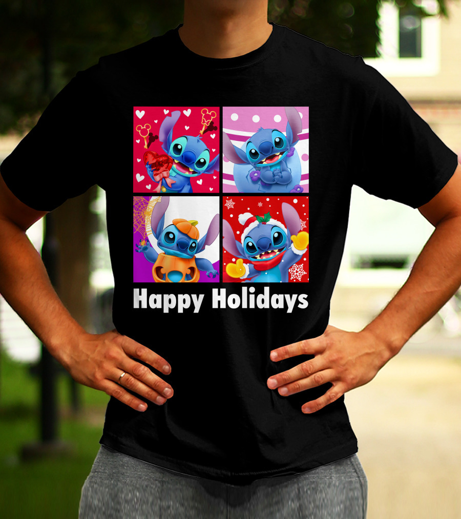 Happy Holidays Stitch Seasonal Mickey Hearts Christmas Pumpkin T-Shirt