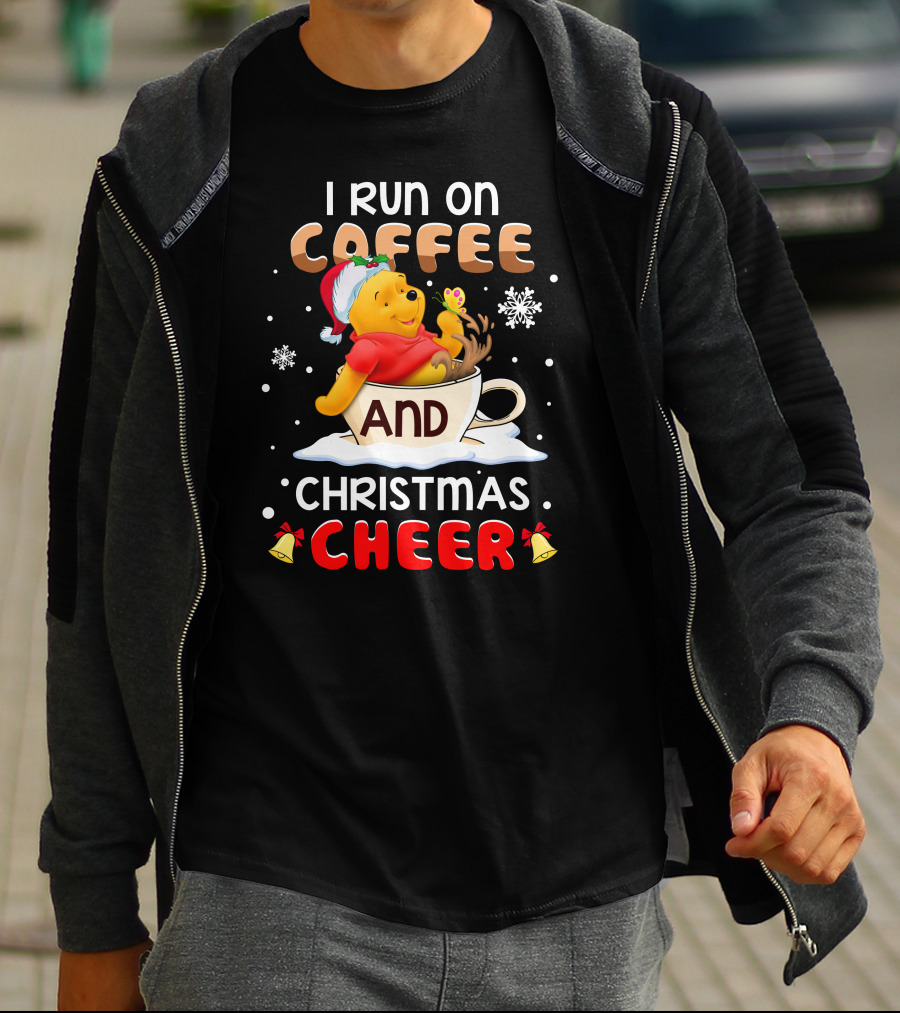 I Run On Coffee And Christmas Cheer Snowflakes Bells Santa Hat Cup Cartoon Bear T-Shirt