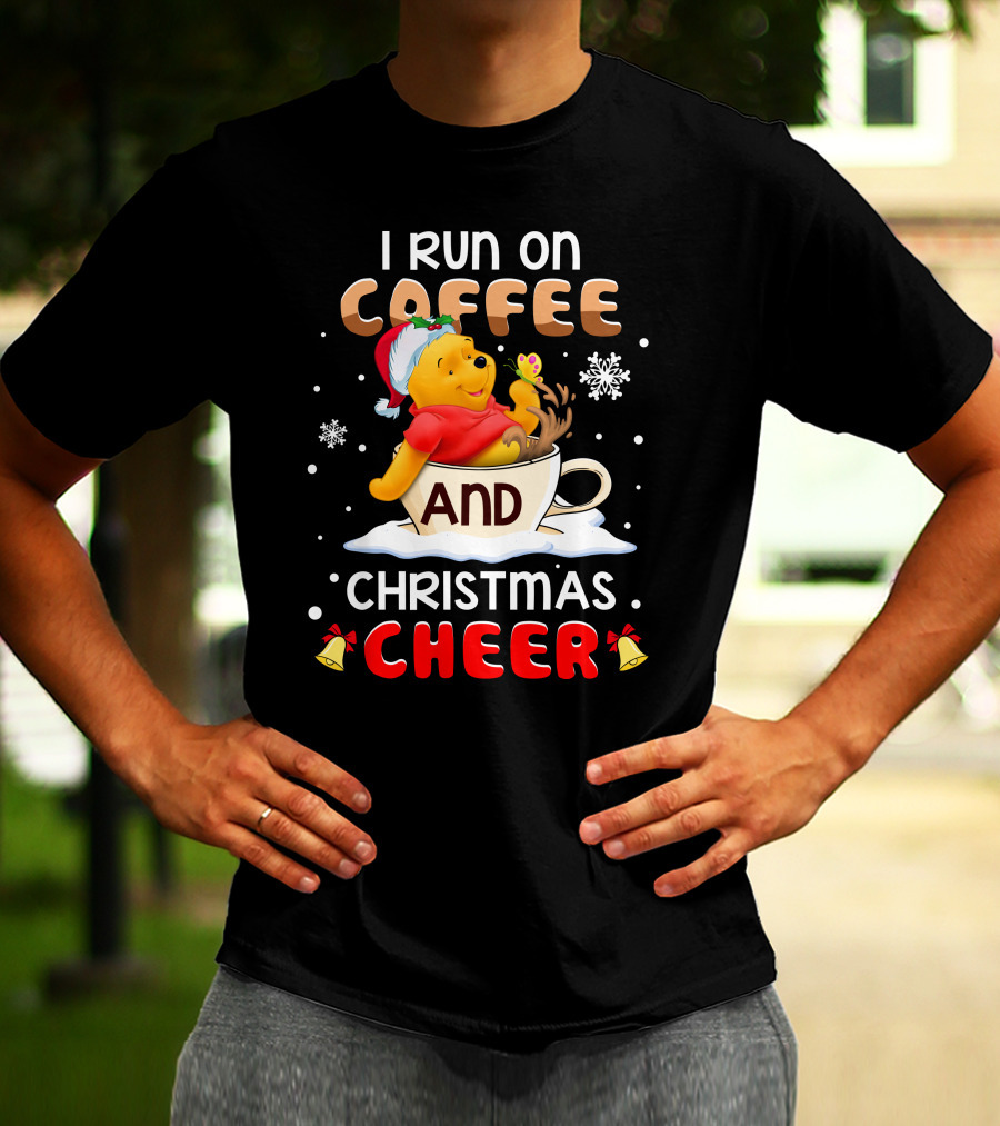 I Run On Coffee And Christmas Cheer Snowflakes Bells Santa Hat Cup Cartoon Bear T-Shirt