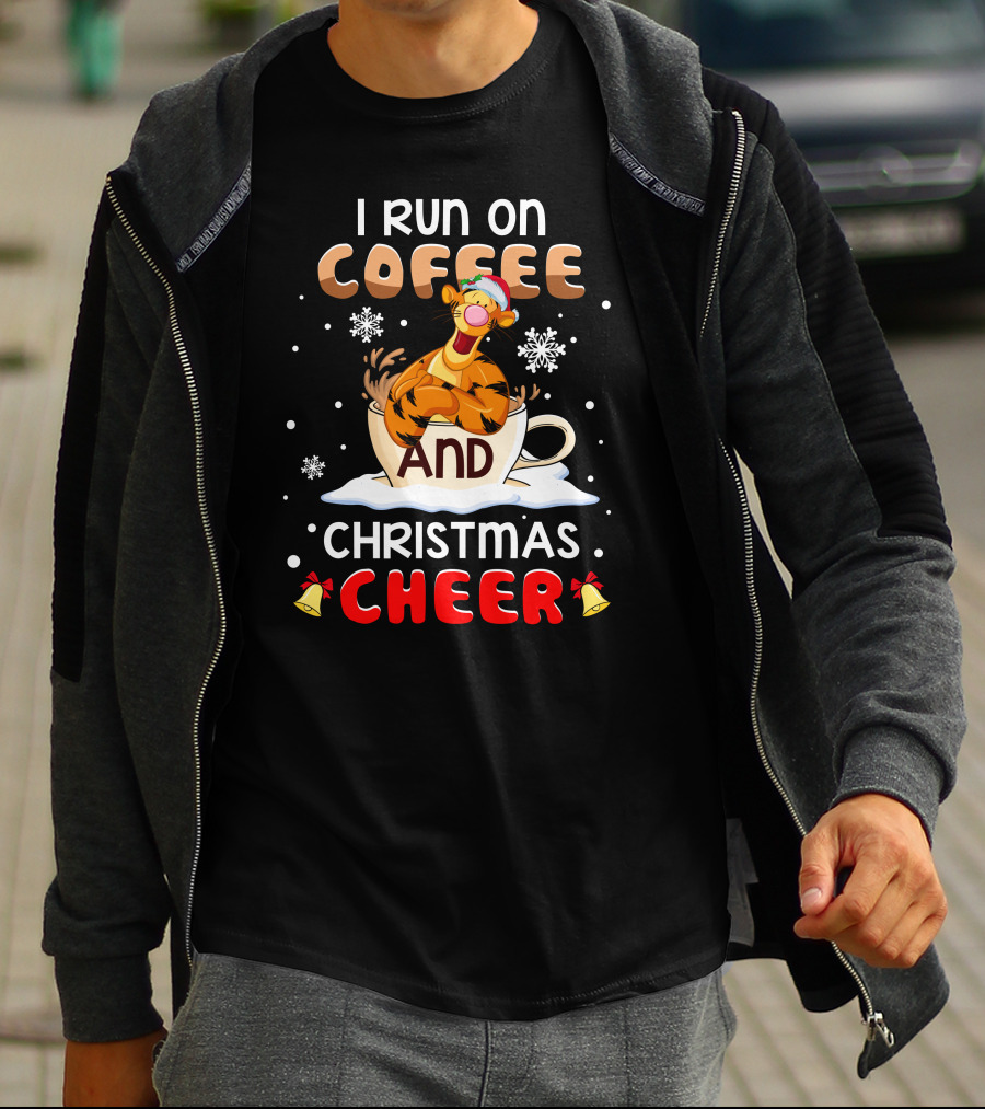I Run On Coffee And Christmas Cheer Tigger Holiday Santa Hat Snowflakes Bells T-Shirt