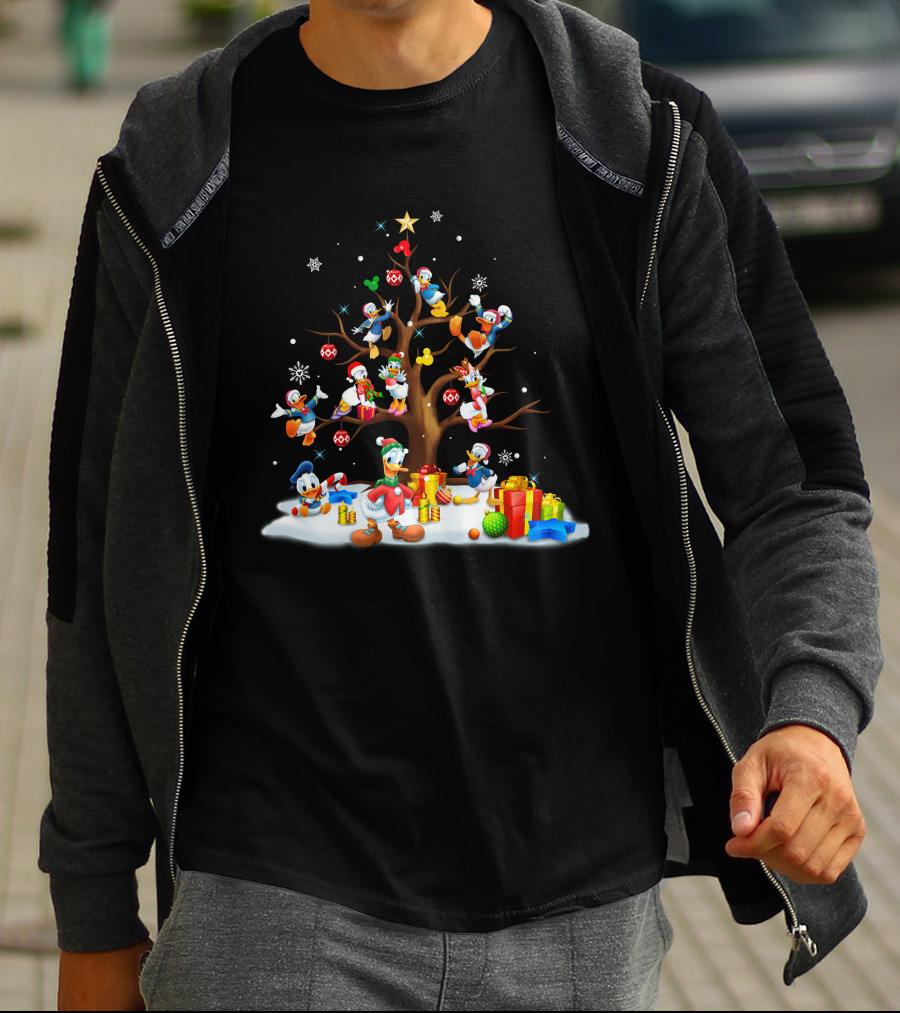 Donald Daisy Christmas Tree With Disney Characters And Snowflakes T-Shirt