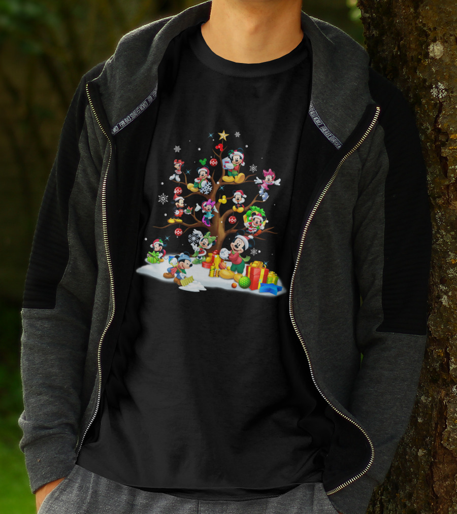 Mickey Minnie Christmas Holiday Tree With Gifts And Snowflakes T-Shirt