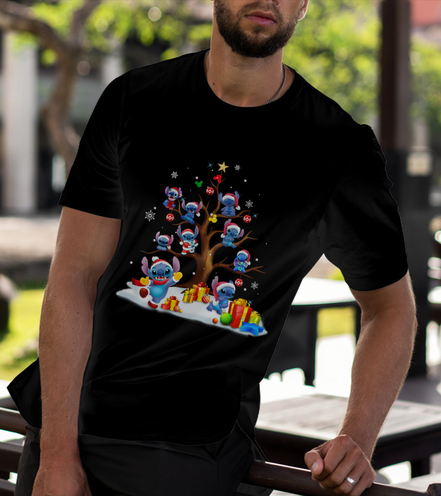 Stitch Christmas Tree With Santa Hats And Gifts T-Shirt